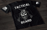 Black Tactical Beard T-shirt featuring a skull with a full beard, tactical helmet, and crossed rifles graphic with bold white lettering on the front
