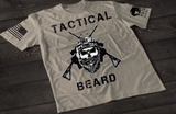 Gray Tactical Beard T-shirt featuring a skull with a full beard, tactical helmet, and crossed rifles graphic with bold white lettering on the front