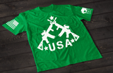Green USA rifle T-shirt featuring crossed rifle graphic forming a patriotic American flag style design with stars on the front