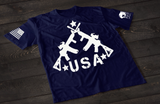 Navy Blue USA rifle T-shirt featuring crossed rifle graphic forming a patriotic American flag style design with stars on the front