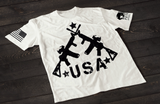 White USA rifle T-shirt featuring crossed rifle graphic forming a patriotic American flag style design with stars on the front
